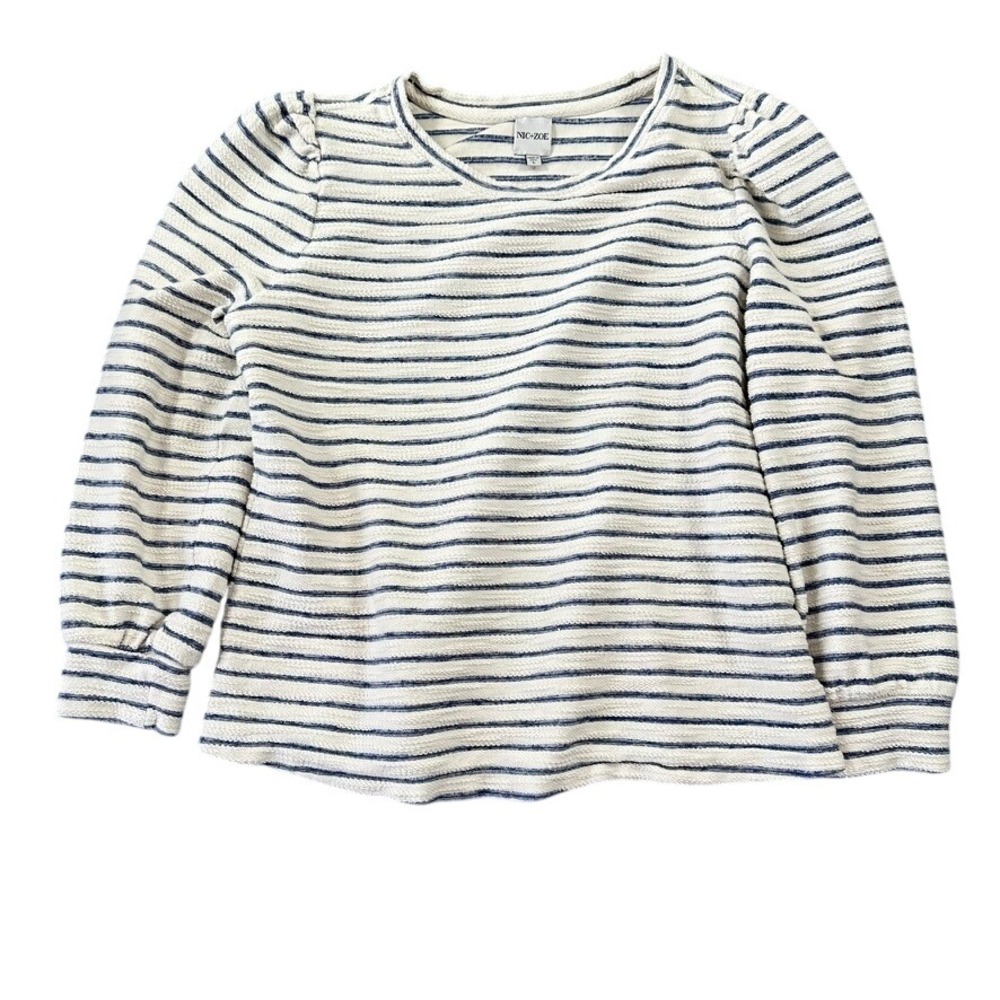 Nic+Zoe Size Large Blue White Striped Cotton Puff Shoulder Knit Top Classic Chic